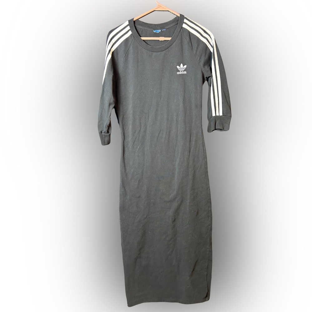 Adidas Black Maxi Quarter Sleeve Dress with White Stripes
